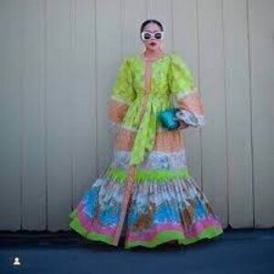 A Loves A Hummingbird Print Maxi Dress Balloon Sleeve Button Front Green RARE XL